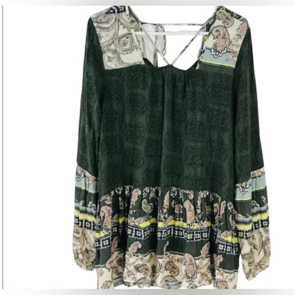 Love,Fire Strappy Bohemian Peasant Green Paisley Women's Boho Top 1X